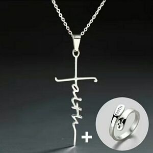 Stainless Steel Faith necklace with ring set, NWT in orginal packaging